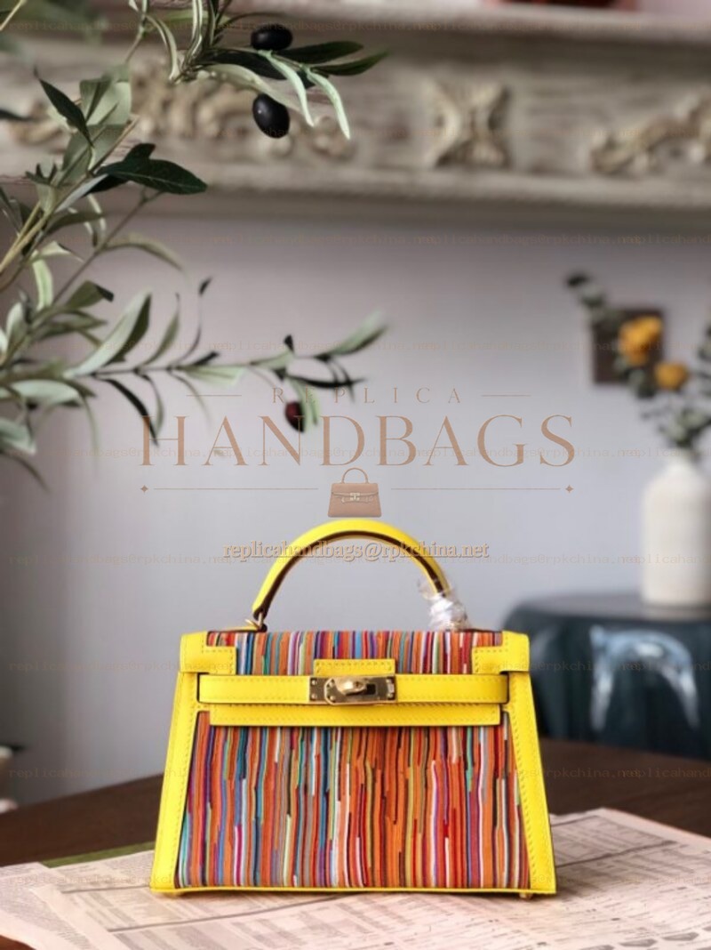 Replica Hermes Yellow Multicolor Print Kelly Mini 20 Gold Hardware Bag