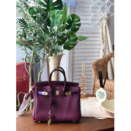 Replica Hermes Burgundy Birkin 25 Palladium Hardware Bag with Rainbow Strap