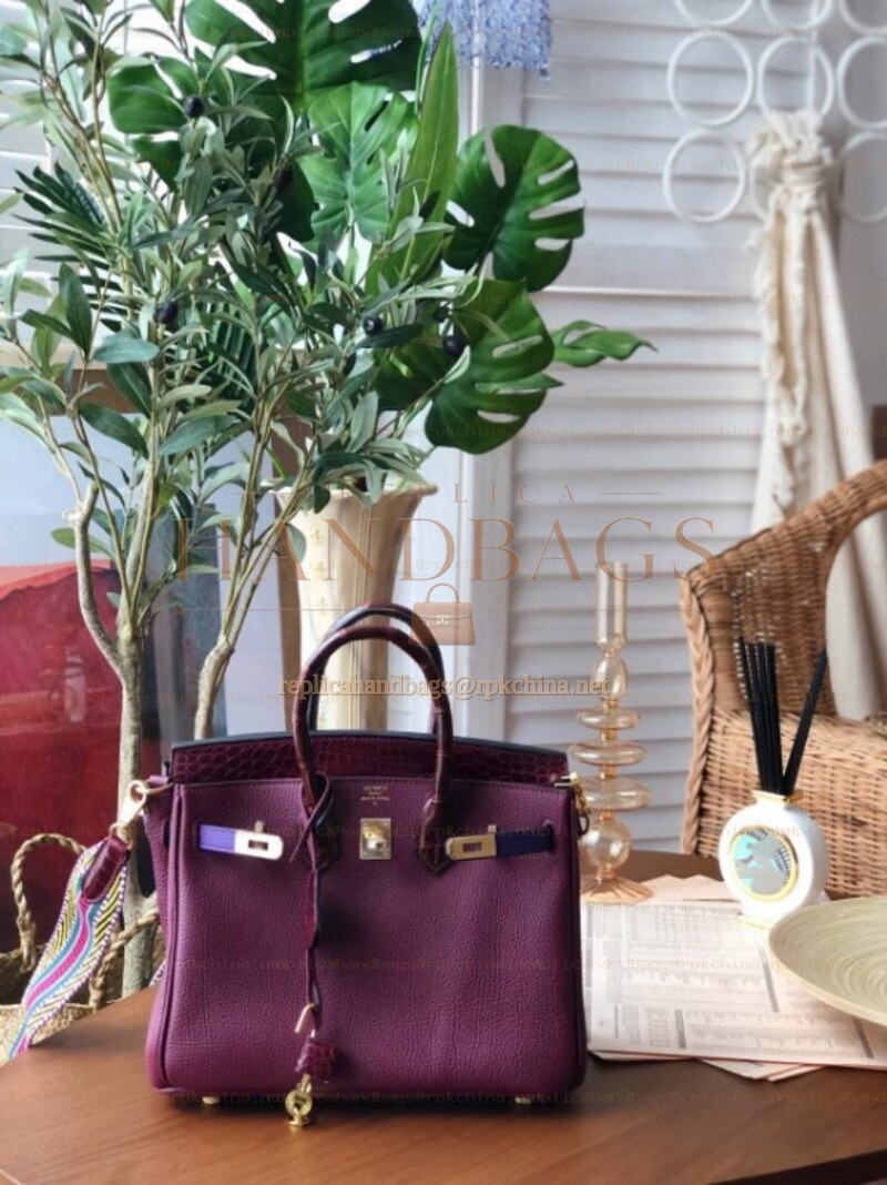Replica Hermes Burgundy Birkin 25 Palladium Hardware Bag with Rainbow Strap