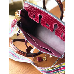 Replica Hermes Burgundy Birkin 25 Palladium Hardware Bag with Rainbow Strap